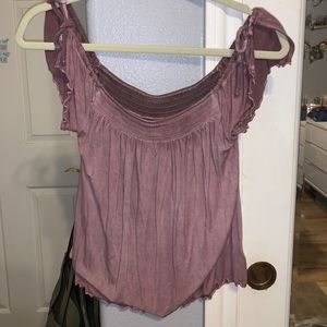 distressed maroon off the shoulder top